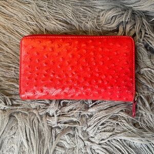 100% Ostrich Red Leather Long Wallet With Leather and Gold Canvas Inside